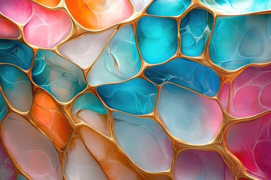 A vibrant abstract pattern featuring organic, translucent colorful cells (pink, orange, blue, white) outlined by intricate golden lines, creating a luxurious mosaic effect.