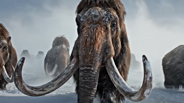 A majestic woolly mammoth herd bravely treks through a frozen, snowy landscape, showcasing the incredible resilience of ancient life during the Ice Age, with a powerful lead animal in focus