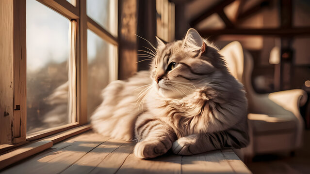 Fluffy long haired cat with striking eyes rests peacefully on a sunlit windowsill bathed in warm golden hour light