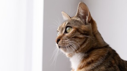 A beautiful tabby cat with striking green eyes is captured in close-up profile, looking left. Its patterned fur and prominent whiskers are visible.