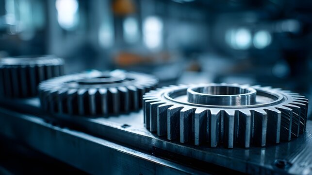 Close up view of precision machined metal gears resting on a production line surface