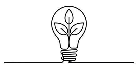 Continuous line drawing of light bulb with plant leaves inside
