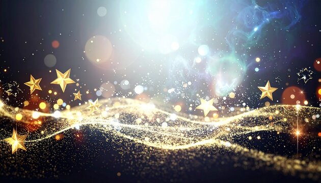 A luxurious abstract Christmas background featuring glowing gold stars and sparkling particles floating in a dark, magical atmosphere. - Powered by Adobe