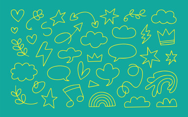 Playful doodle elements offer a creative touch for your designs, adding a whimsical and fun feel to any project with these charming hand-drawn icons