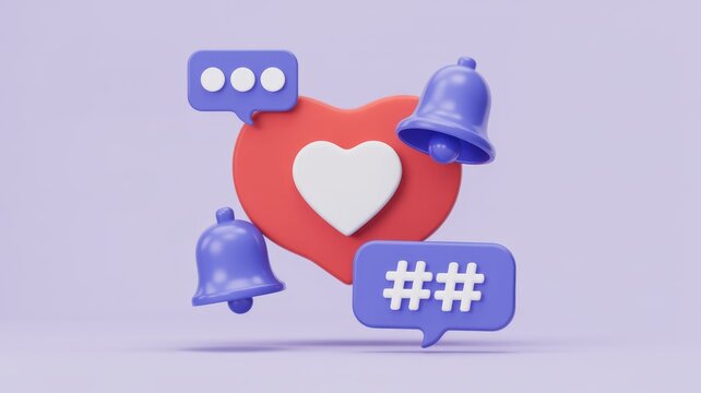 This image features 3D social media icons: a heart, comment bubble, notification bells, and hashtags. It symbolizes online engagement and digital communication.