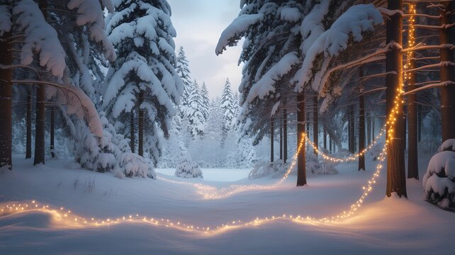Magical winter forest path illuminated by warm string lights - Powered by Adobe