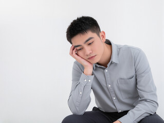 Asian man's gesture expression, propping his chin up, thinking and contemplating