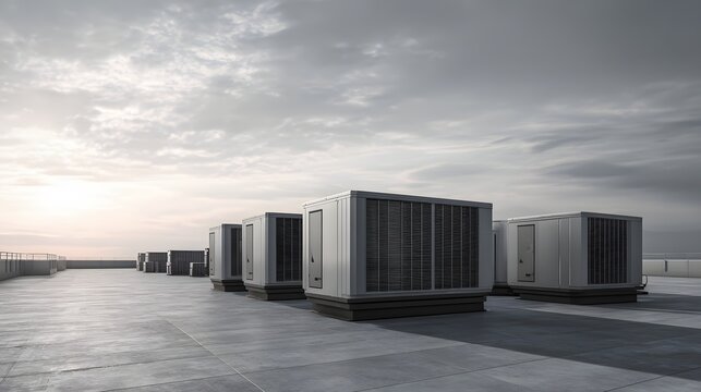 Row of industrial climate control units rests upon a concrete rooftop under an overcast sky