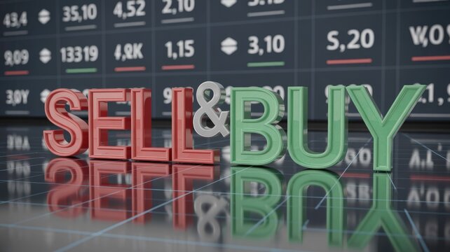 3D rendered words 'SELL & BUY' in red, silver, and green against a dynamic stock market data board, symbolizing financial trading decisions.