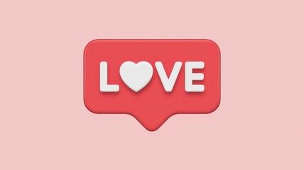 A 3D red notification bubble with the word "LOVE" spelled out using a white heart, set against a soft pink background.