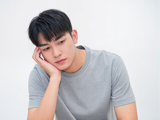 Asian man's gesture expression, propping his chin up, thinking and contemplating