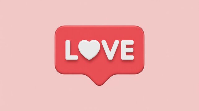 A 3D red notification bubble with the word "LOVE" spelled out using a white heart, set against a soft pink background.