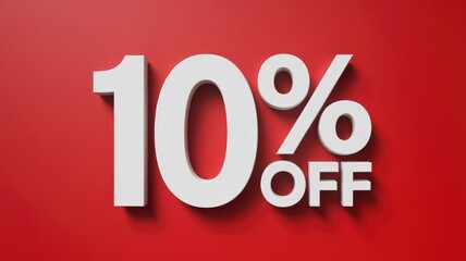 A bold white '10% OFF' sign with 3D effect prominently displayed on a vibrant red background, indicating a special discount.