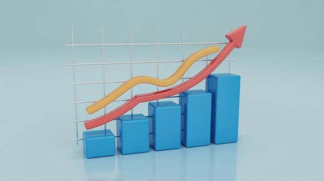 A 3D bar chart with steadily increasing blue bars and two upward-trending lines, signifying consistent growth and positive progress.
