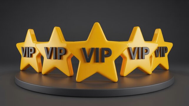 Five shining golden stars with 'VIP' text, prominently displayed on a sleek dark podium, symbolizing exclusive premium membership and recognition.