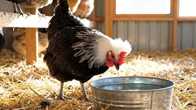 Rooster Standing Near Water Bowl in Chicken Coop