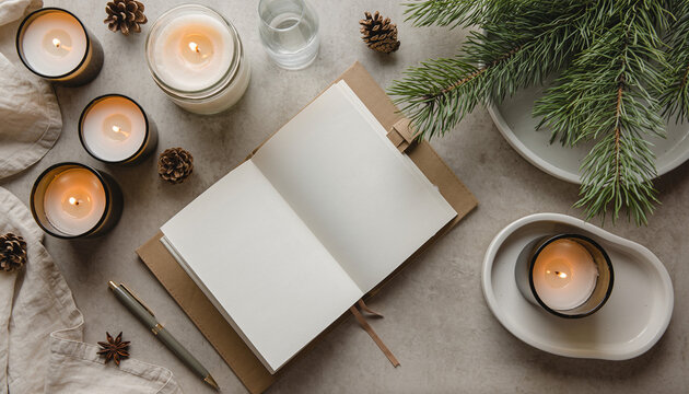 A cozy, neutral-toned flatlay of an open journal with blank pages, a pen, gentle burning candles in glass jars, pine branches, and pine cones on a grey surface, perfect for winter or holiday journal