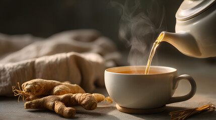 Warm ginger tea being poured into cup with fresh ginger root on rustic surface, creating cozy and soothing atmosphere