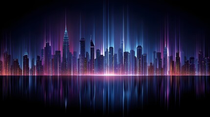 Illuminated metropolitan skyline reflects brilliantly across dark water surface during night