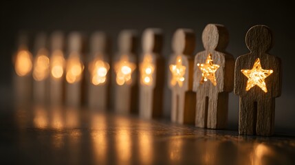 Row of wooden figures displays illuminated stars representing outstanding talent and individuality
