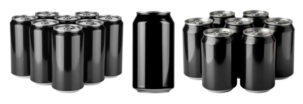 PNG Assorted A crisp and refreshing black aluminum soda can, element set on transparent background