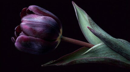 Dramatic portrait of a single dark purple tulip blossom against a black background, ideal for elegant designs and sophisticated projects
