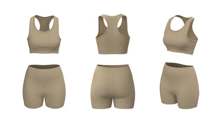 Women’s Racerback Sports Bra and Shorts Activewear Set. Front, back and side view