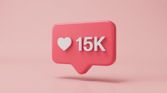 A 3D pink social media like notification bubble showing a white heart and "15K" on a light pink background, representing online engagement.