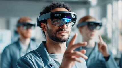 Man Wearing Blue Virtual Reality Headset Interacting in Modern Technology Lab