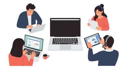 Remote Work Collaboration Illustration Digital Work From Home Team Vector