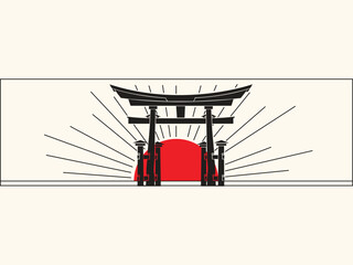 Minimalist Japanese Torii Gate Vector with Red Sun and Black Outline Elements
