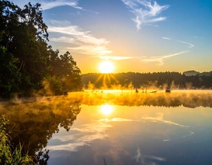 A serene lake at sunrise with mist, trees, and bright sun