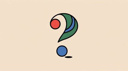 Stylized Question Mark with Green Curve, Blue Stripe, Red and Blue Dots on Beige Background.