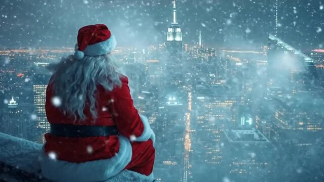 A whimsical, long-haired character in a vibrant red and white winter costume sits contemplatively on a snow-covered rooftop ledge, gazing out at a breathtaking metropolitan skyline at night. Gentle sn