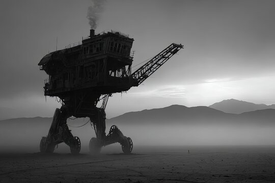 Steampunk Pixelated Robot Walking In Desert Sunrise - Powered by Adobe