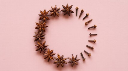 A ring of aromatic star anise pods and cloves creates a warm, inviting spice arrangement on a soft pink background. Perfect for holiday themes or culinary projects.