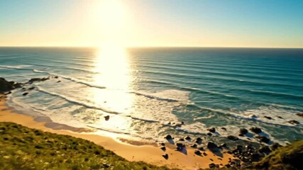 An breathtaking aerial view captures a pristine coastal landscape during the golden hour, as the radiant sun casts a spectacular glare across the gently rolling ocean waves. Lush green cliffs slope do - Powered by Adobe