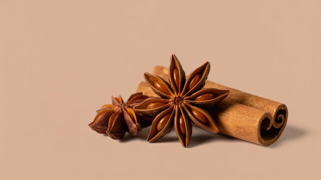 A beautiful close-up of fragrant star anise pods and warm cinnamon sticks, arranged on a minimalist beige background, highlighting aromatic culinary spices.