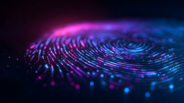 Glowing digital fingerprint pattern illuminates a dark background with vibrant neon light streams