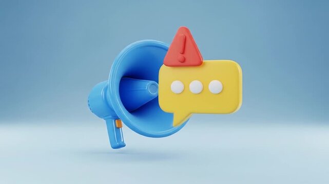 3D render of a megaphone and a warning message icon, symbolizing important announcements, critical alerts, and urgent communication notifications