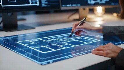 A person is using a stylus to draw on a digital architectural blueprint. - Powered by Adobe