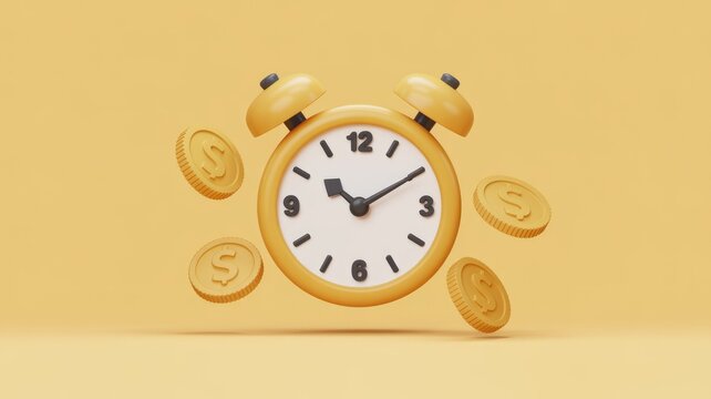 A cheerful 3D yellow alarm clock surrounded by floating golden dollar coins on a warm background, symbolizing time, money, and financial management. - Powered by Adobe