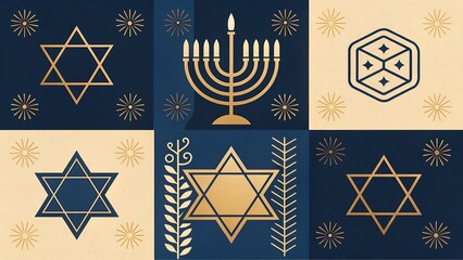 Hanukkah symbols in gold on blue and beige background with menorah, star of david, dreidel and fireworks, perfect for holiday greeting cards