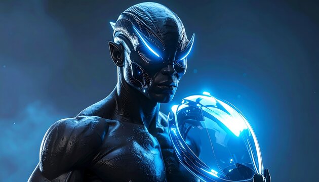 A muscular alien figure with glowing blue eyes, holding a helmet