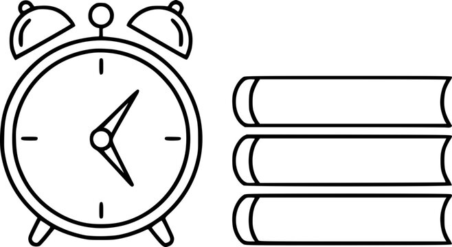 An alarm clock and a stack of books symbolize the time for learning and the "race to retrain." It is ideal for the concept of the "eternal student", the deadline and the beginning of the academic year