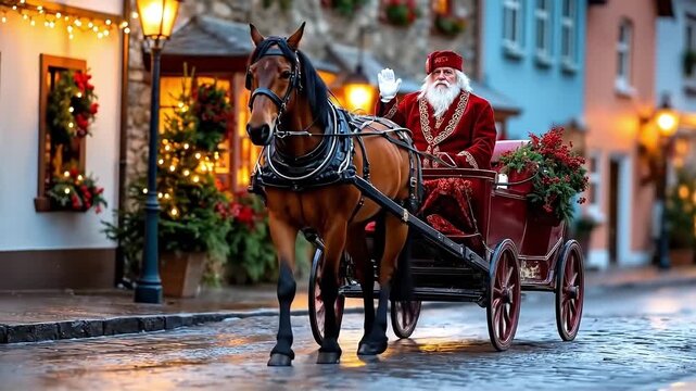 A man in a red suit riding in a horse drawn carriage down a street