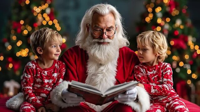 A man and two children sitting on a couch reading a book to Santa Claus