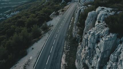 Aerial view of a winding road between rocky cliffs and verdant forests under a soft sky