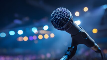 Close up of a professional vocal microphone positioned on a stand against a backdrop of colorful stage lighting
