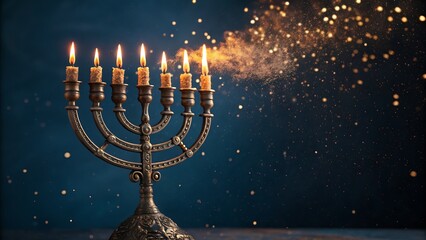 A lit menorah with seven candles glows against a dark blue background, creating a warm and festive atmosphere for hanukkah celebration and reflection